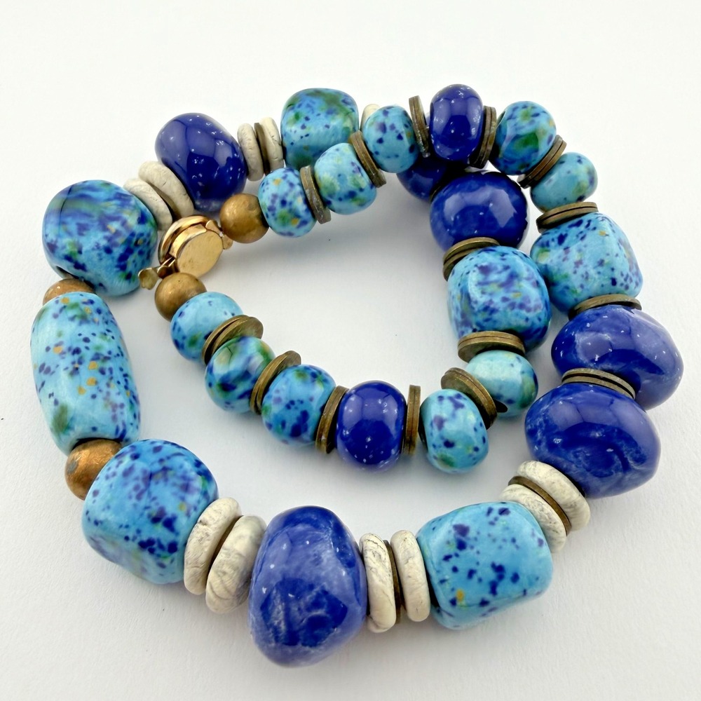 Vintage Chunky Artisan Blue Glazed Ceramic Bead Statement Necklace
